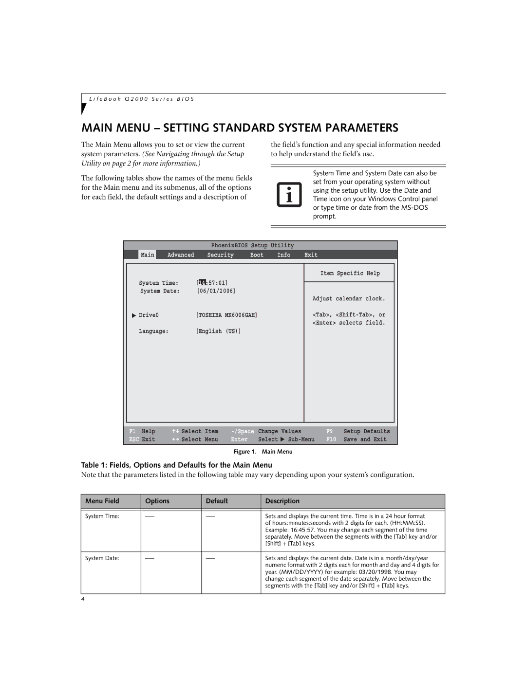 Fujitsu Q2010 manual Main Menu Setting Standard System Parameters, Fields, Options and Defaults for the Main Menu 