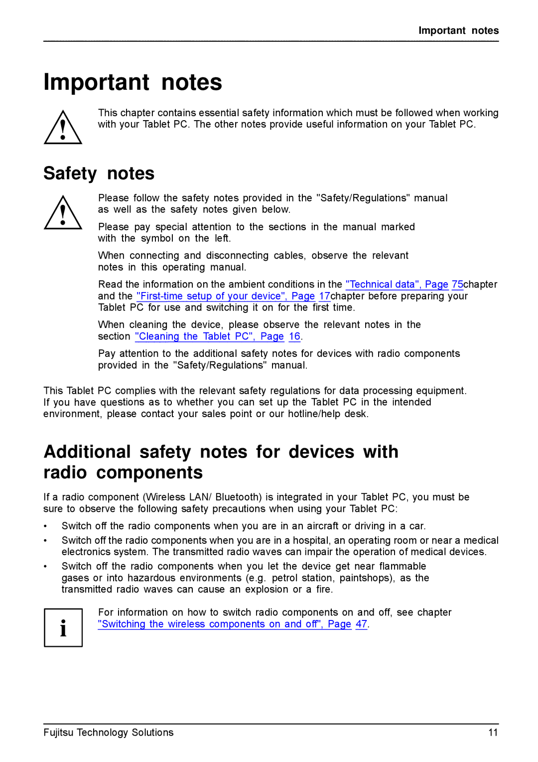 Fujitsu Q550-30GB-01 manual Important notes, Safety notes, Additional safety notes for devices with radio components 