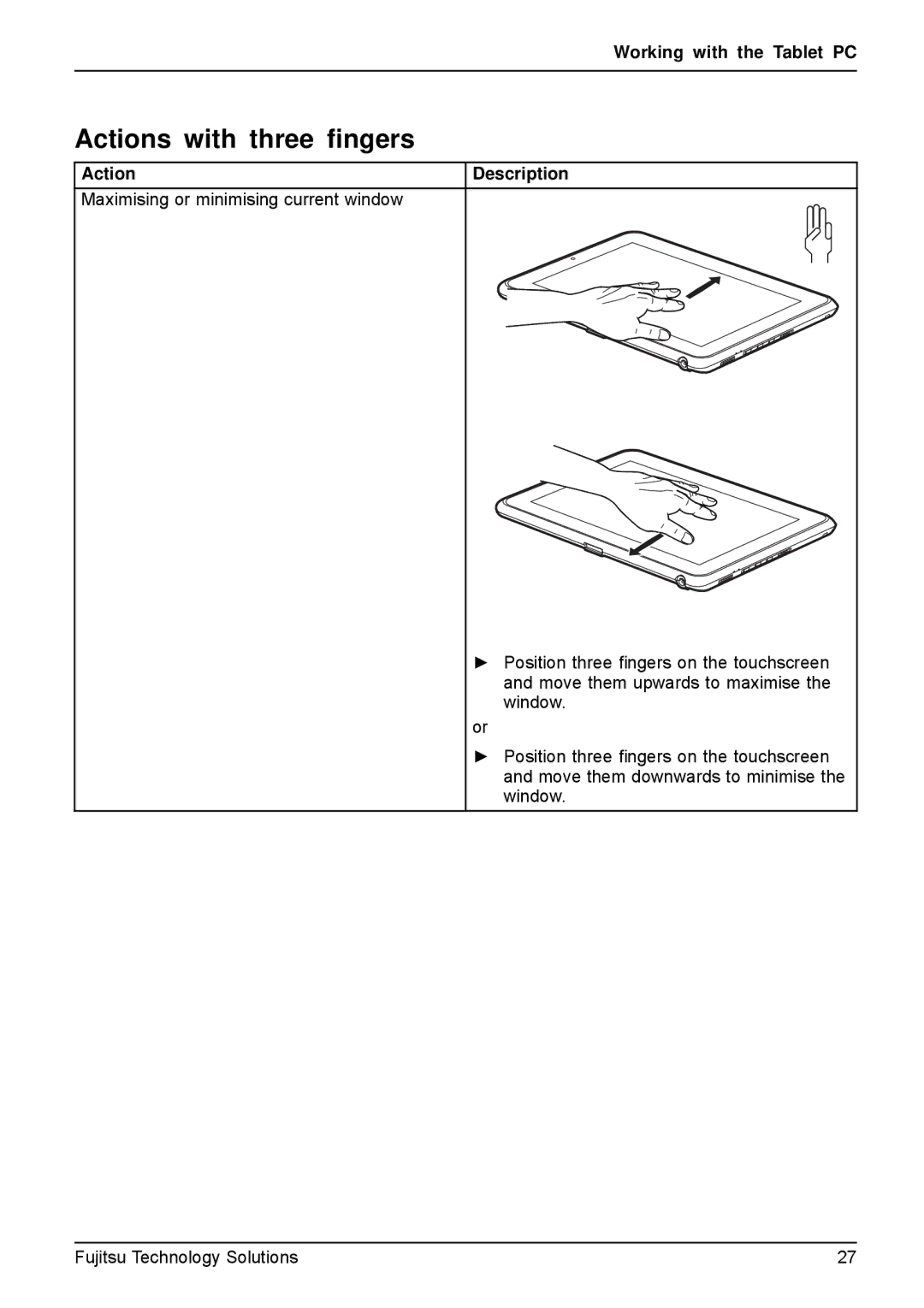 Fujitsu Q550-30GB-01 manual Actions with three ﬁngers 