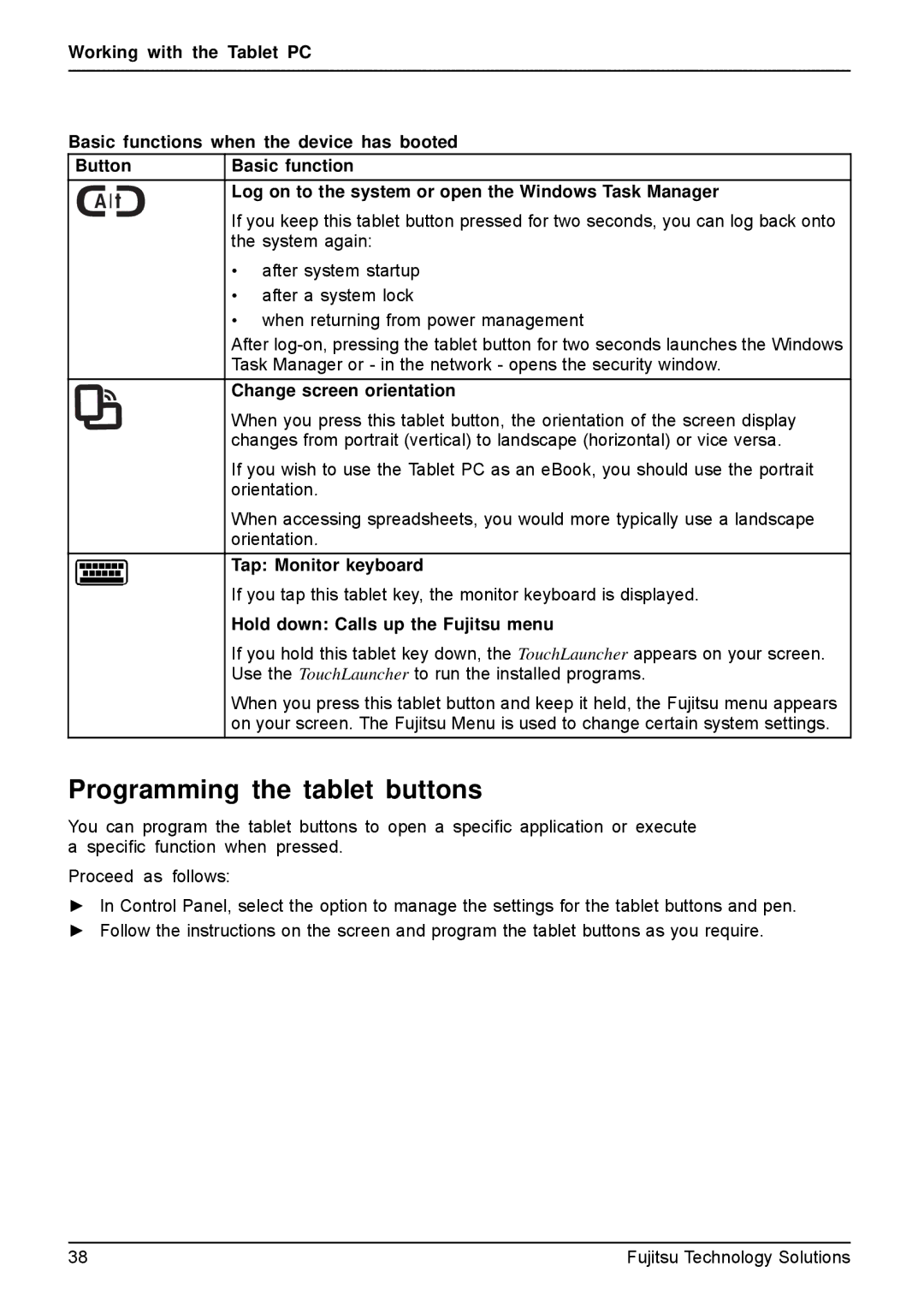 Fujitsu Q550-30GB-01 manual Programming the tablet buttons, Change screen orientation, Tap Monitor keyboard 