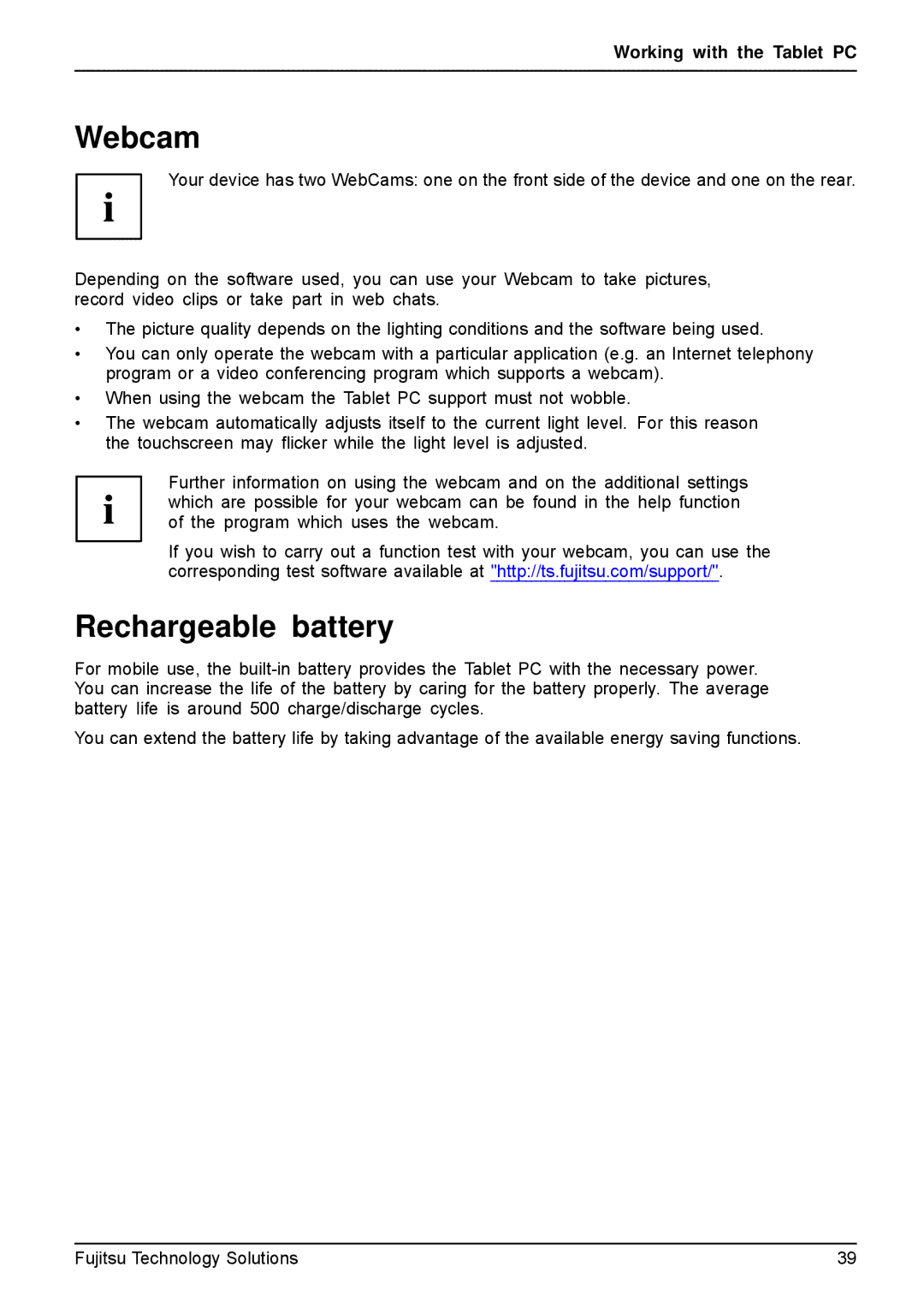 Fujitsu Q550-30GB-01 manual Webcam, Rechargeable battery 