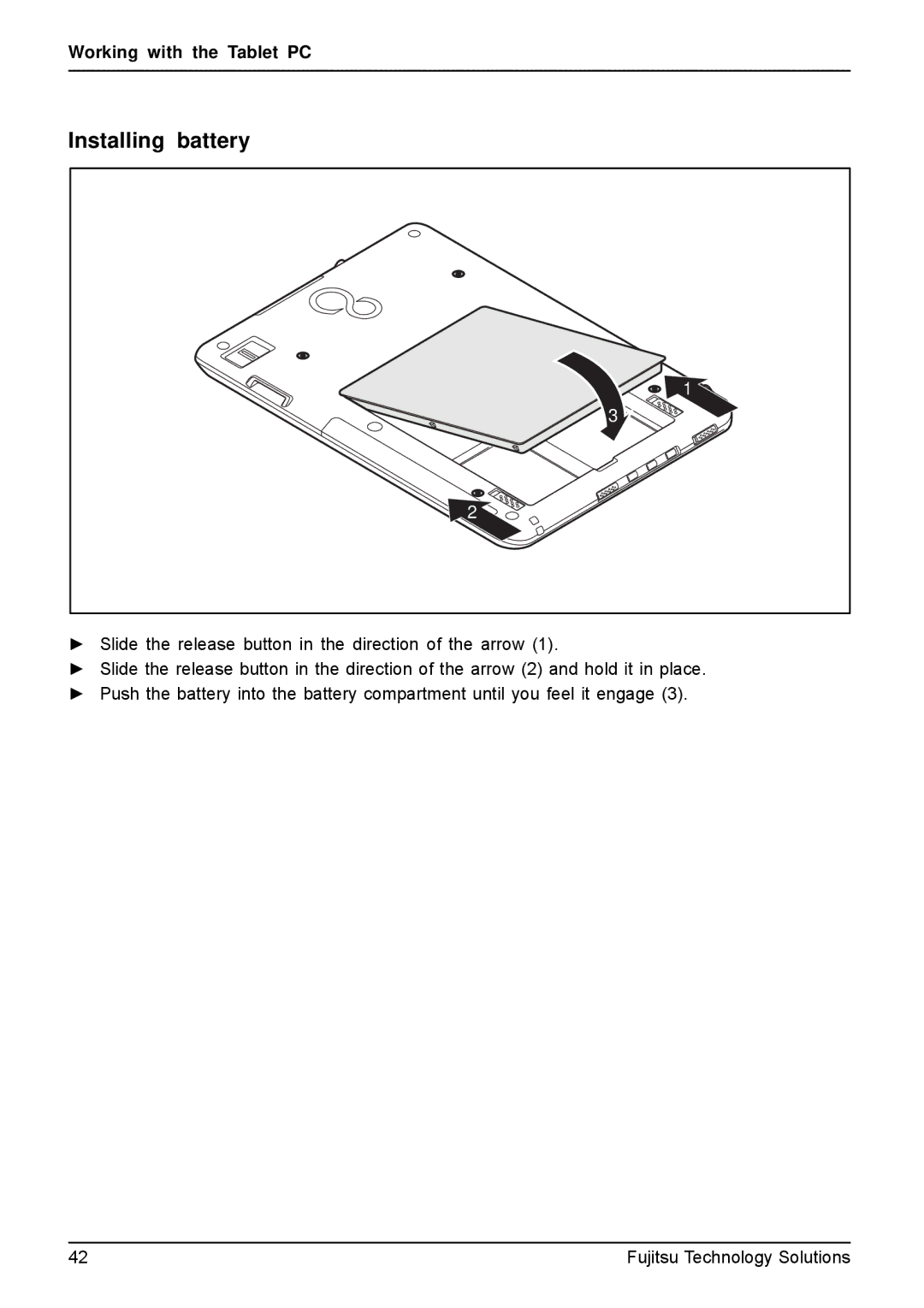 Fujitsu Q550-30GB-01 manual Installing battery 