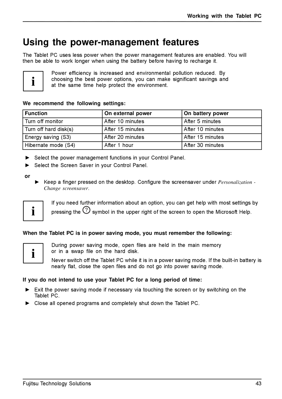 Fujitsu Q550-30GB-01 manual Using the power-management features 