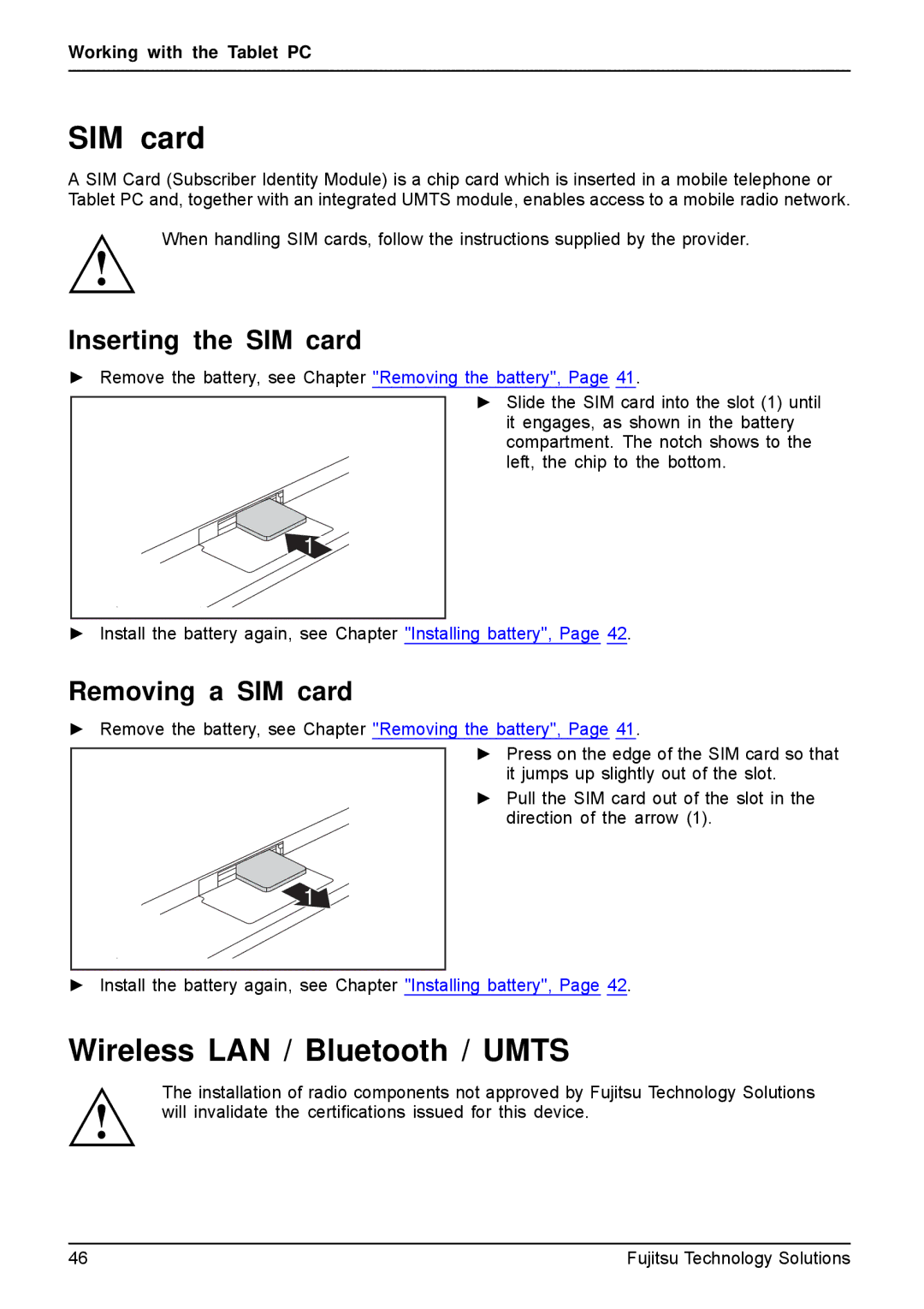 Fujitsu Q550-30GB-01 manual Wireless LAN / Bluetooth / Umts, Inserting the SIM card, Removing a SIM card 