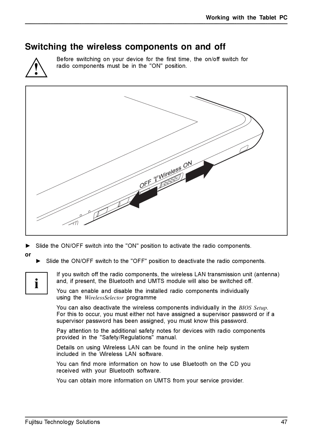 Fujitsu Q550-30GB-01 manual Switching the wireless components on and off 