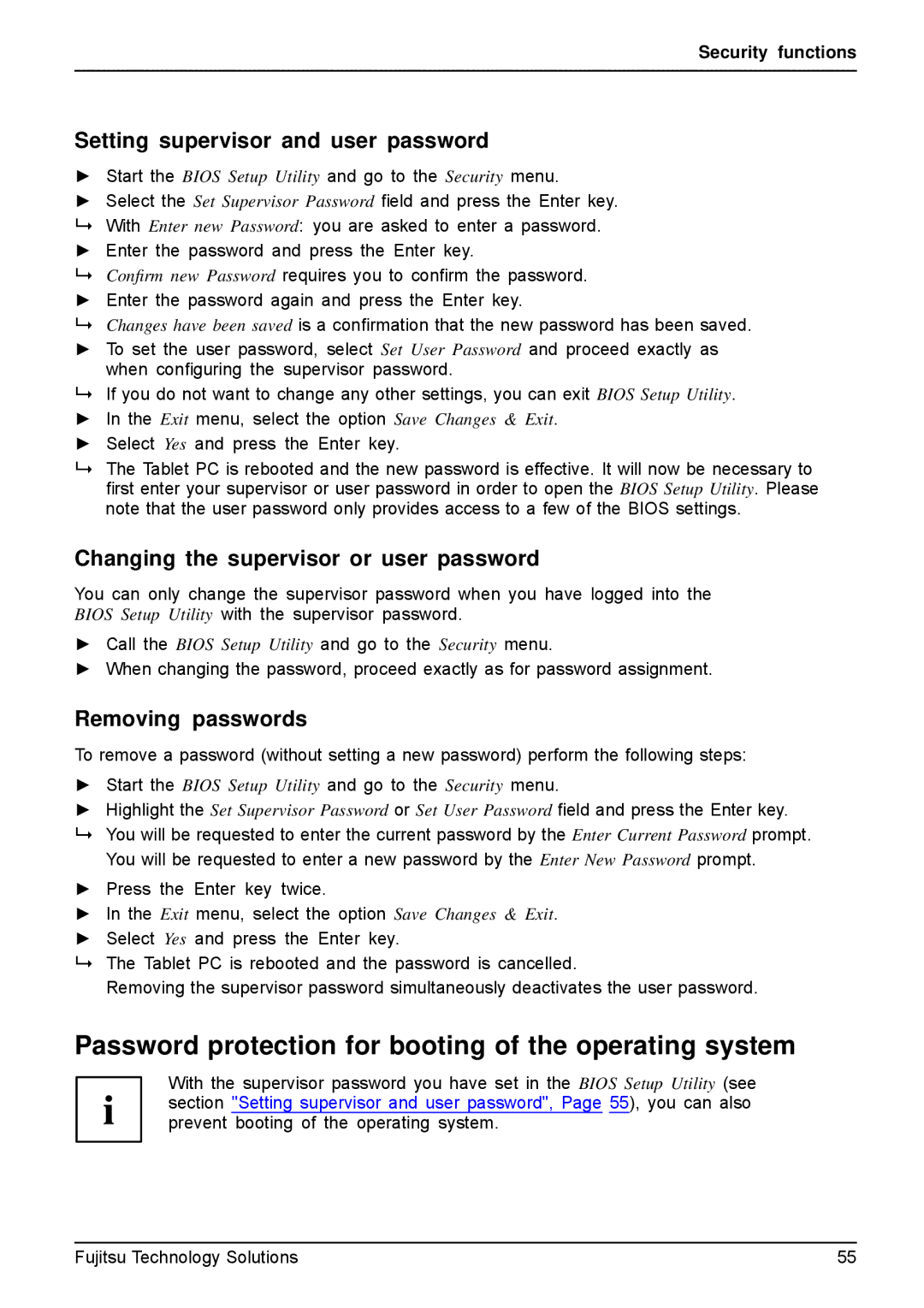 Fujitsu Q550-30GB-01 manual Password protection for booting of the operating system, Setting supervisor and user password 