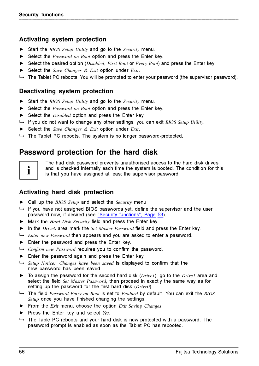 Fujitsu Q550-30GB-01 manual Password protection for the hard disk, Activating system protection 