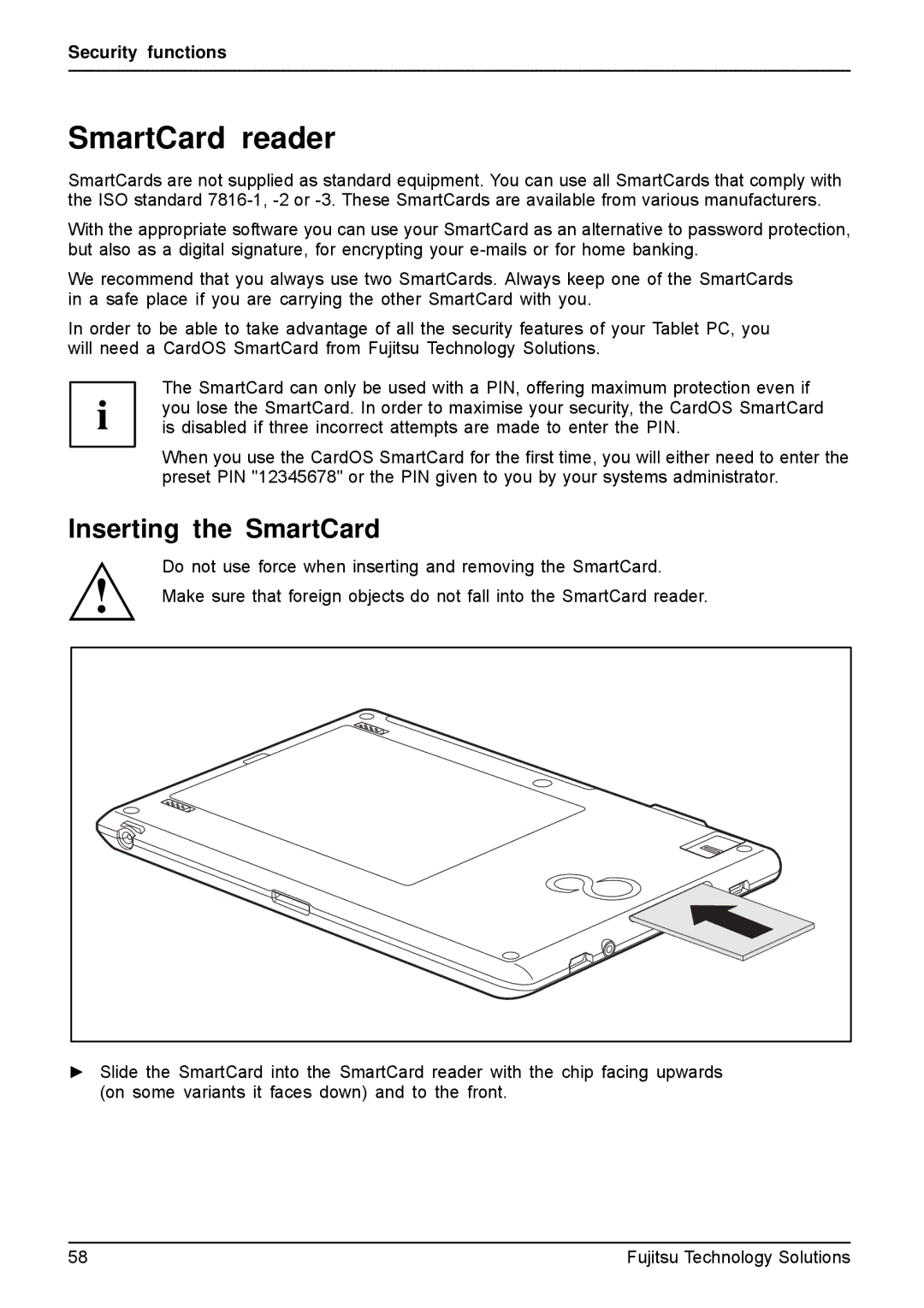 Fujitsu Q550-30GB-01 manual SmartCard reader, Inserting the SmartCard 