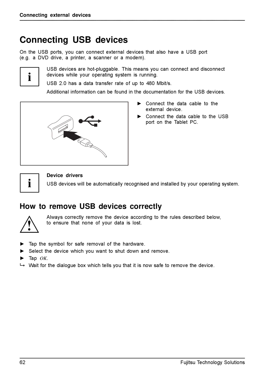 Fujitsu Q550-30GB-01 manual Connecting USB devices, How to remove USB devices correctly, Device drivers 