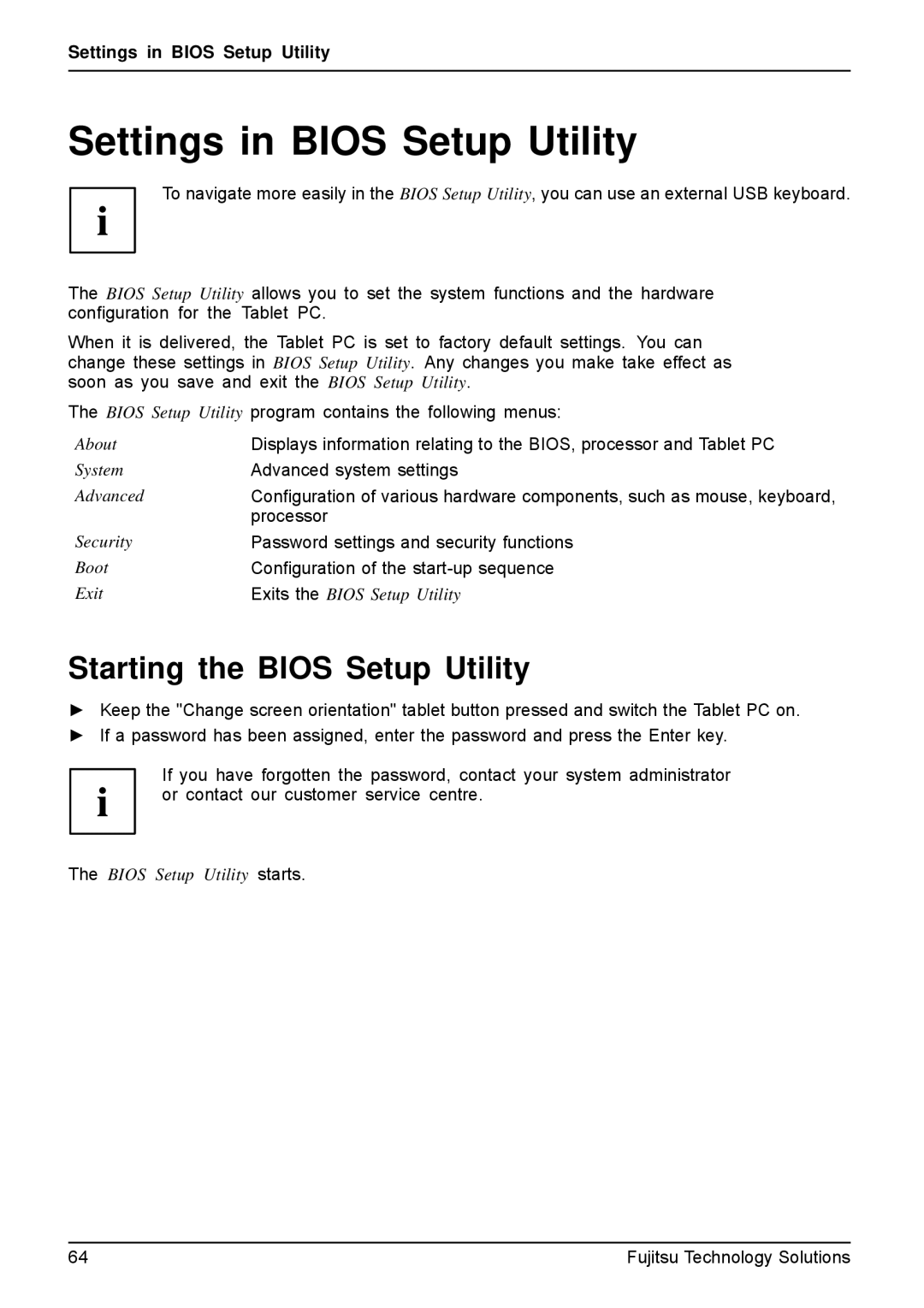 Fujitsu Q550-30GB-01 manual Settings in Bios Setup Utility, Starting the Bios Setup Utility 