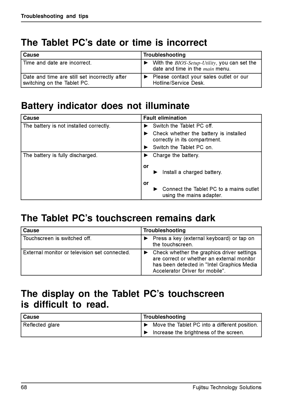 Fujitsu Q550-30GB-01 manual Tablet PC’s date or time is incorrect, Battery indicator does not illuminate 