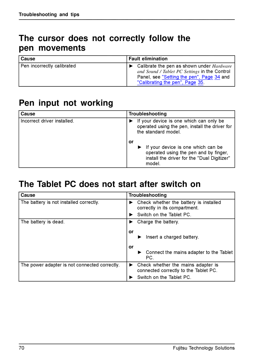 Fujitsu Q550-30GB-01 manual Cursor does not correctly follow the pen movements, Pen input not working 