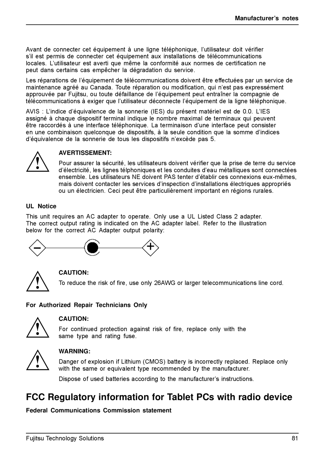 Fujitsu Q550-30GB-01 manual FCC Regulatory information for Tablet PCs with radio device, UL Notice 