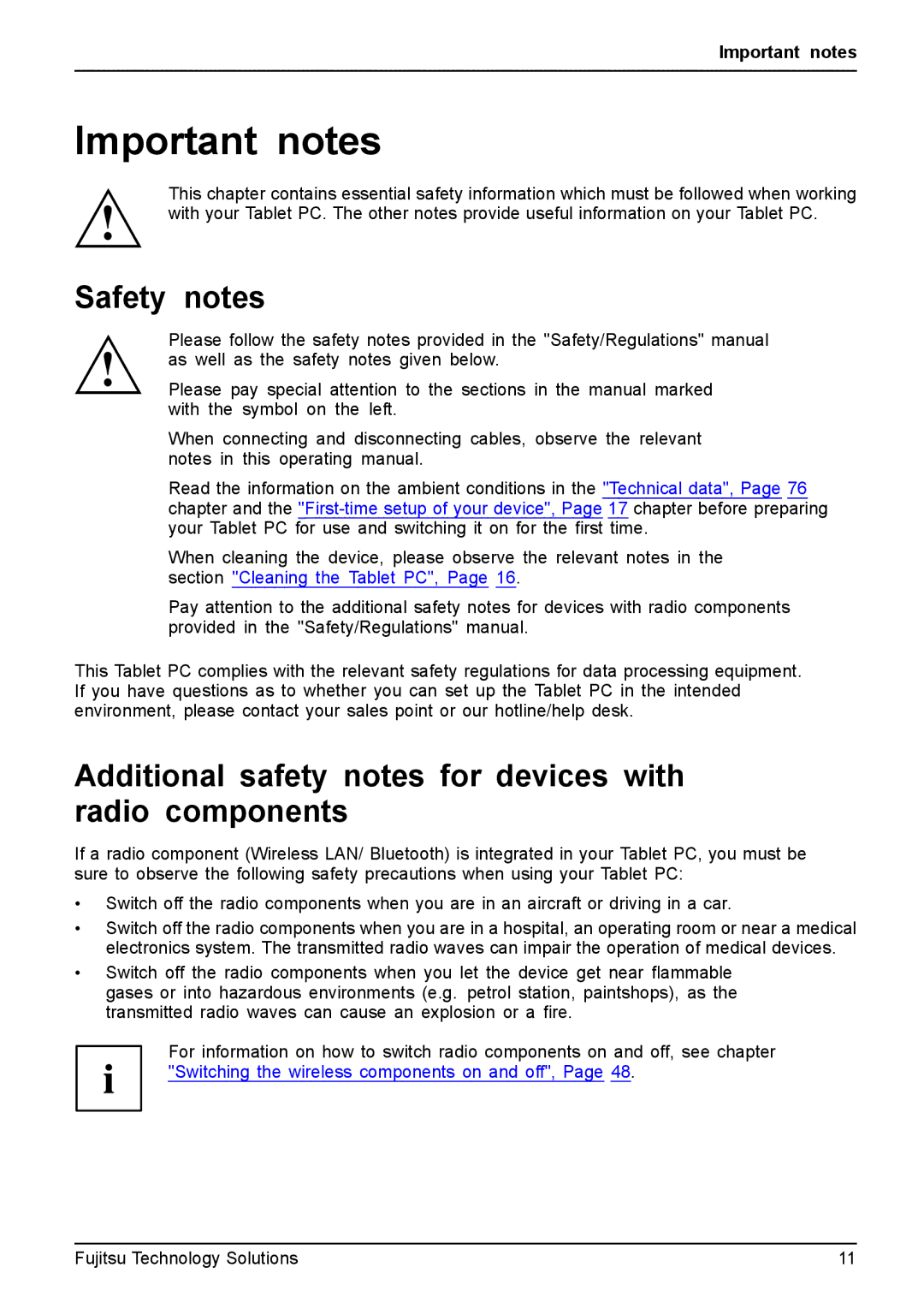 Fujitsu Q550 manual Important notes, Safety notes, Additional safety notes for devices with radio components 