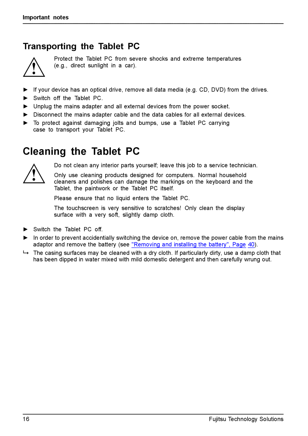 Fujitsu Q550 manual Cleaning the Tablet PC, Transporting the Tablet PC 