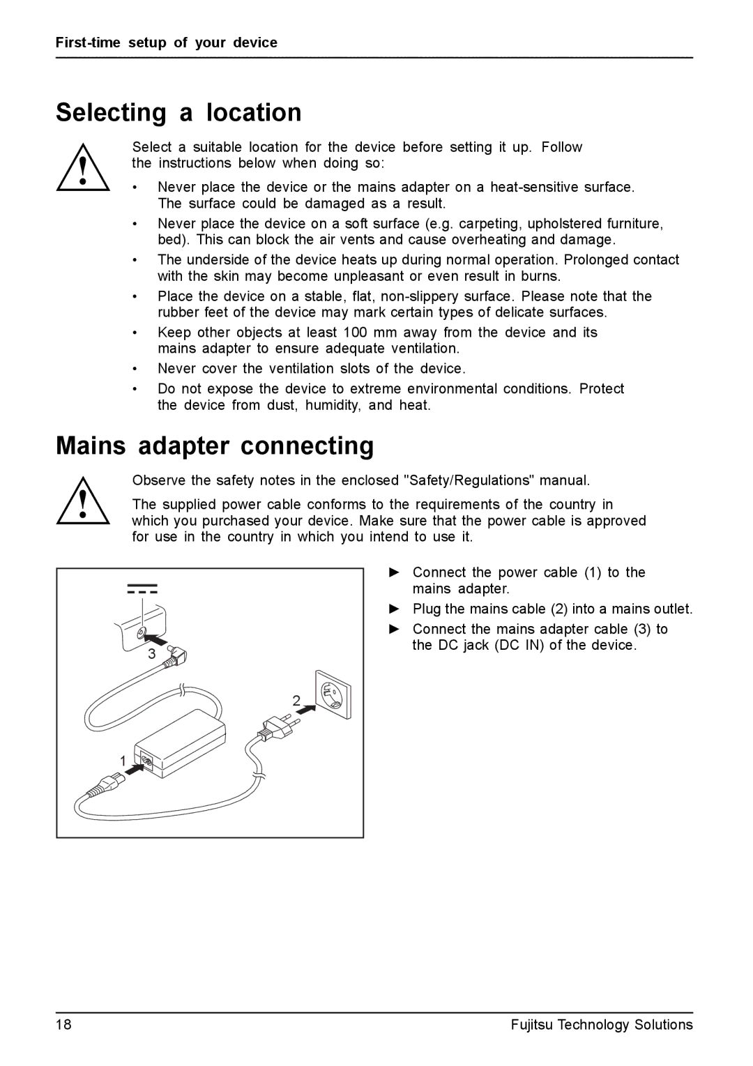 Fujitsu Q550 manual Selecting a location, Mains adapter connecting 