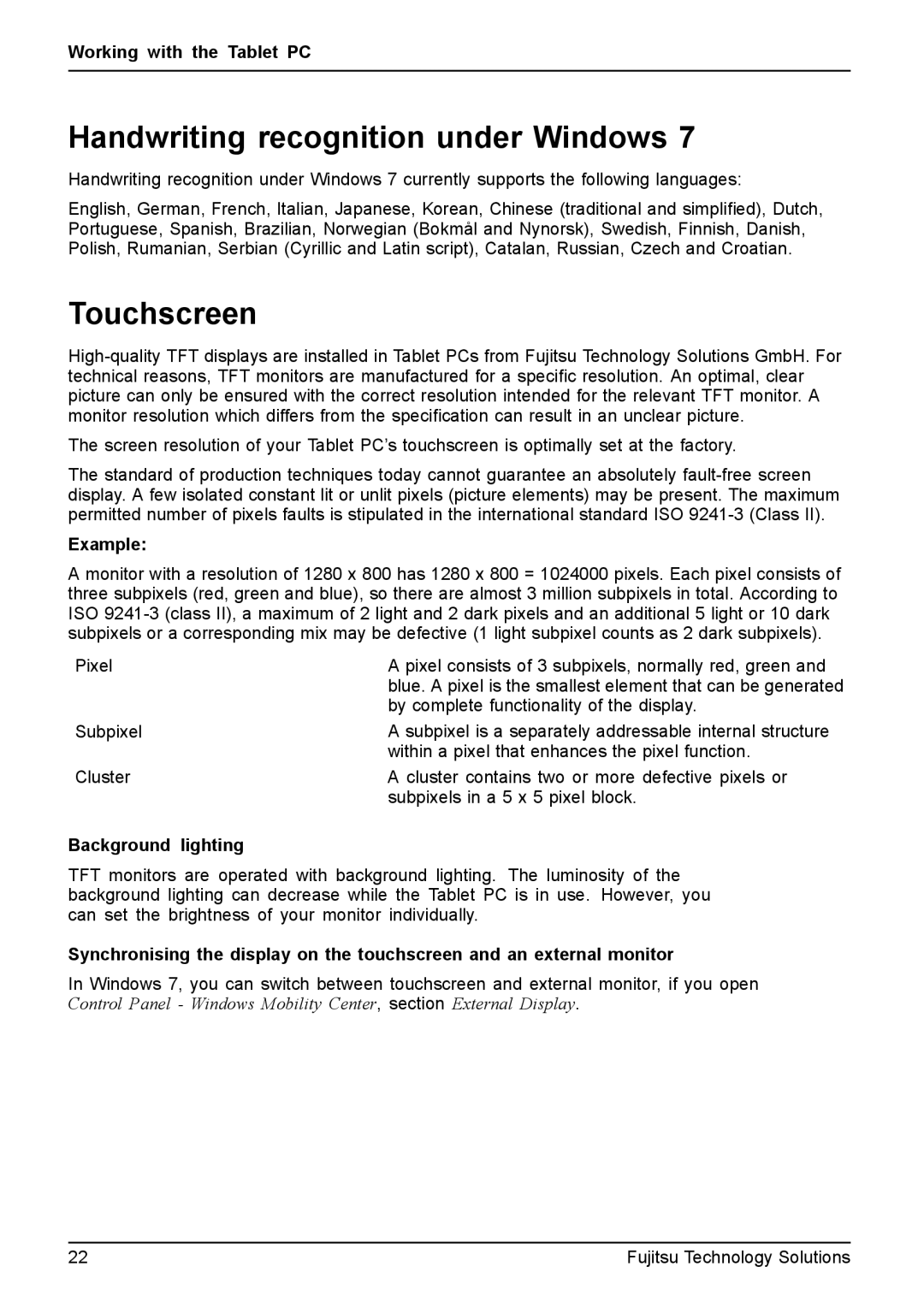 Fujitsu Q550 manual Handwriting recognition under Windows, Touchscreen, Example, Background lighting 