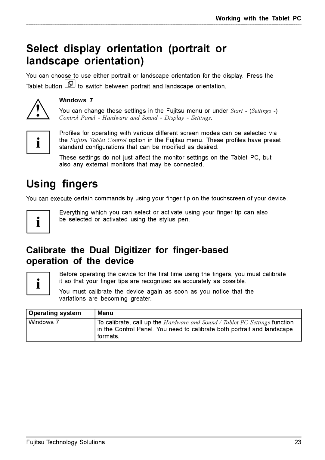 Fujitsu Q550 manual Using ﬁngers, Windows, Operating system Menu 