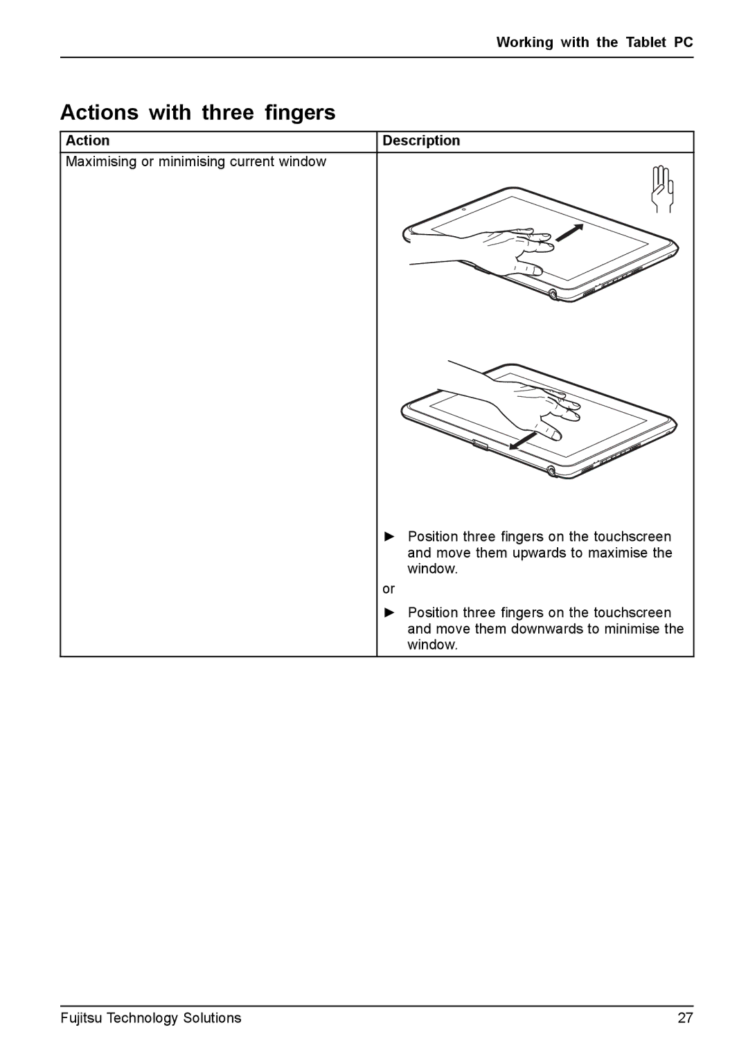 Fujitsu Q550 manual Actions with three ﬁngers 