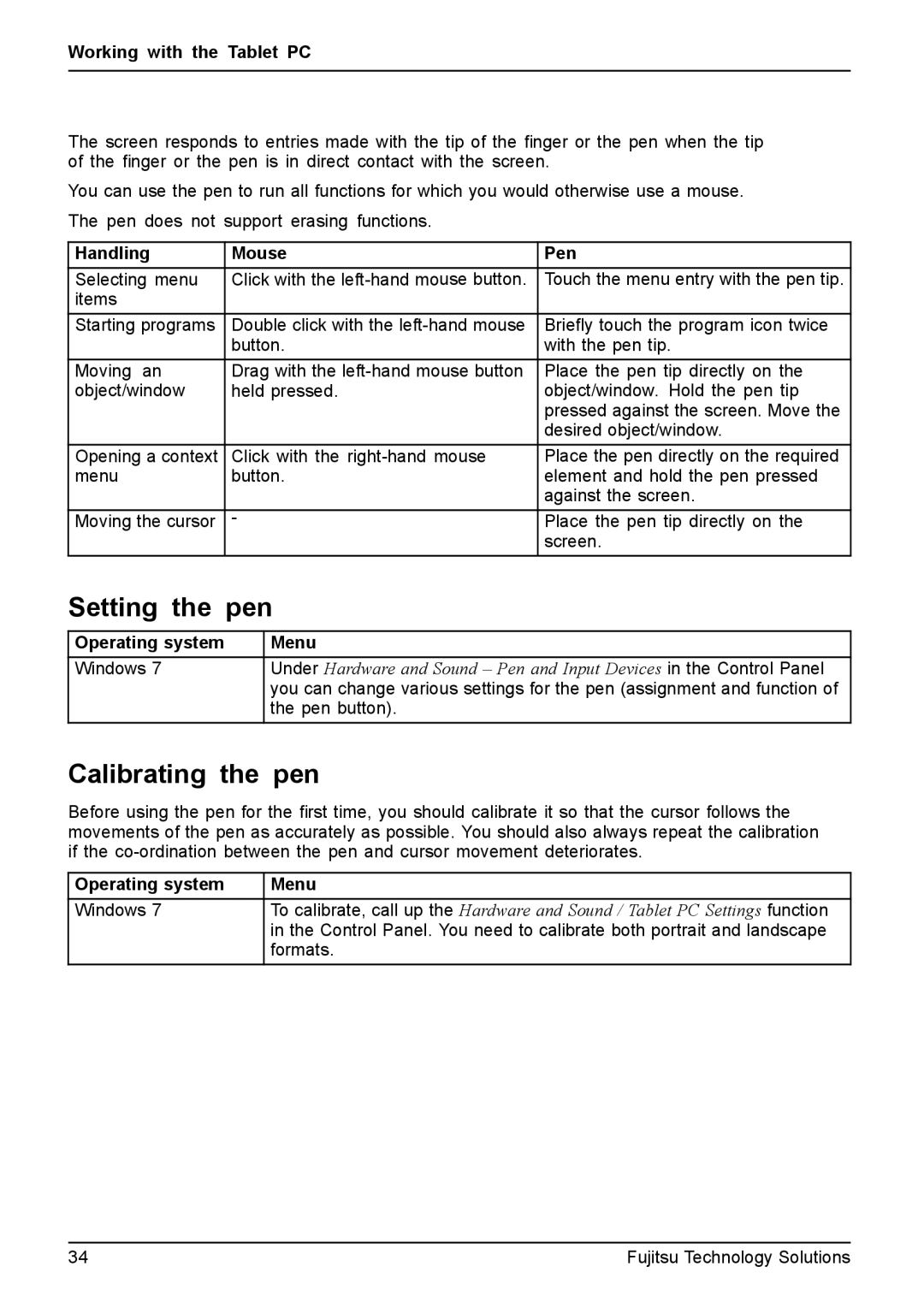 Fujitsu Q550 manual Setting the pen, Calibrating the pen, Handling Mouse Pen 