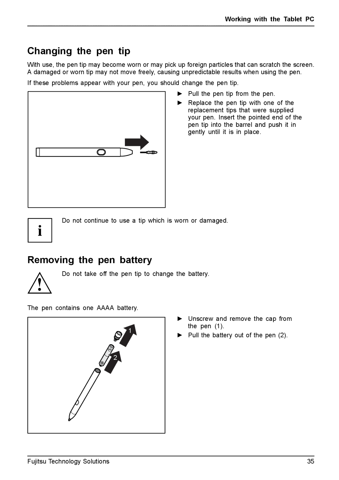 Fujitsu Q550 manual Changing the pen tip, Removing the pen battery 