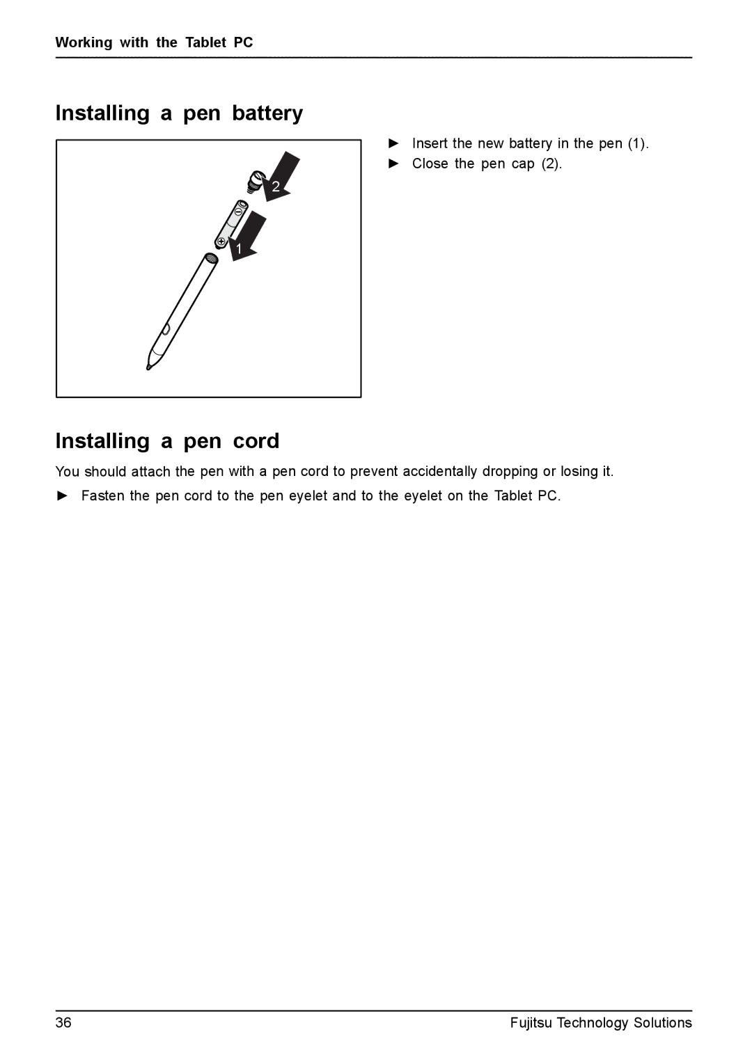 Fujitsu Q550 manual Installing a pen battery, Installing a pen cord 