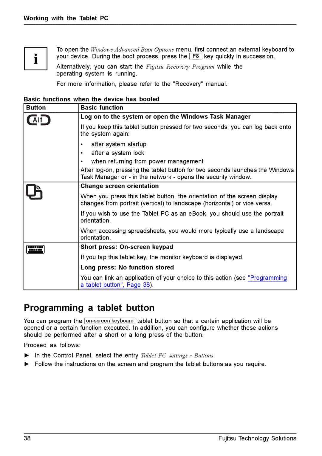 Fujitsu Q550 manual Programming a tablet button, Change screen orientation, Short press On-screen keypad 