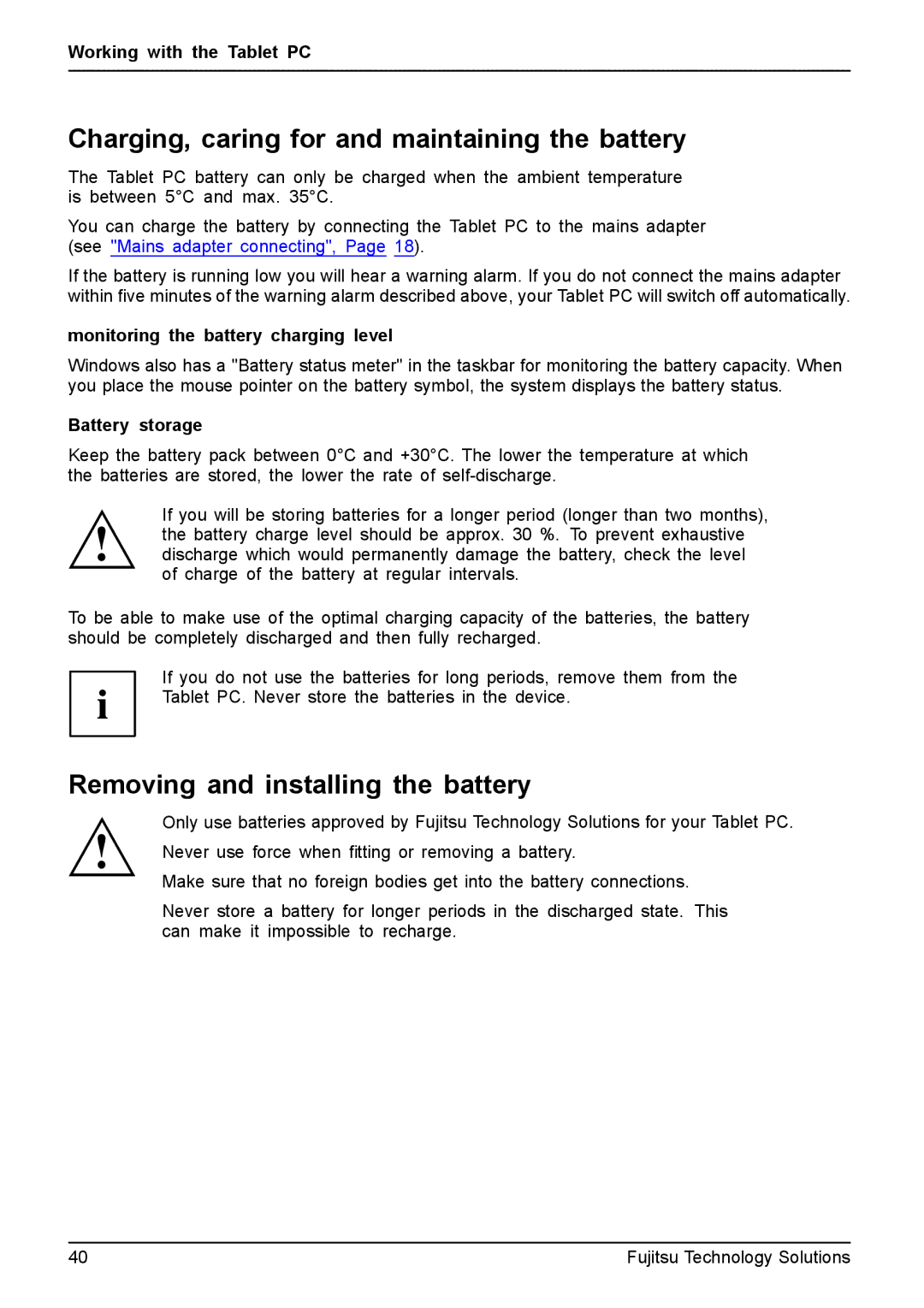 Fujitsu Q550 manual Charging, caring for and maintaining the battery, Removing and installing the battery, Battery storage 