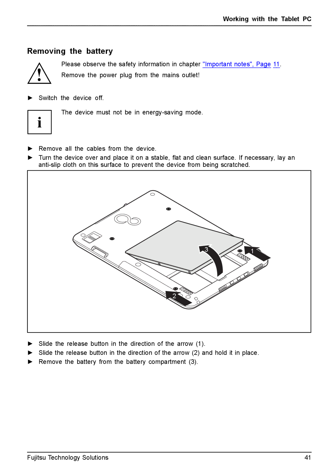 Fujitsu Q550 manual Removing the battery 