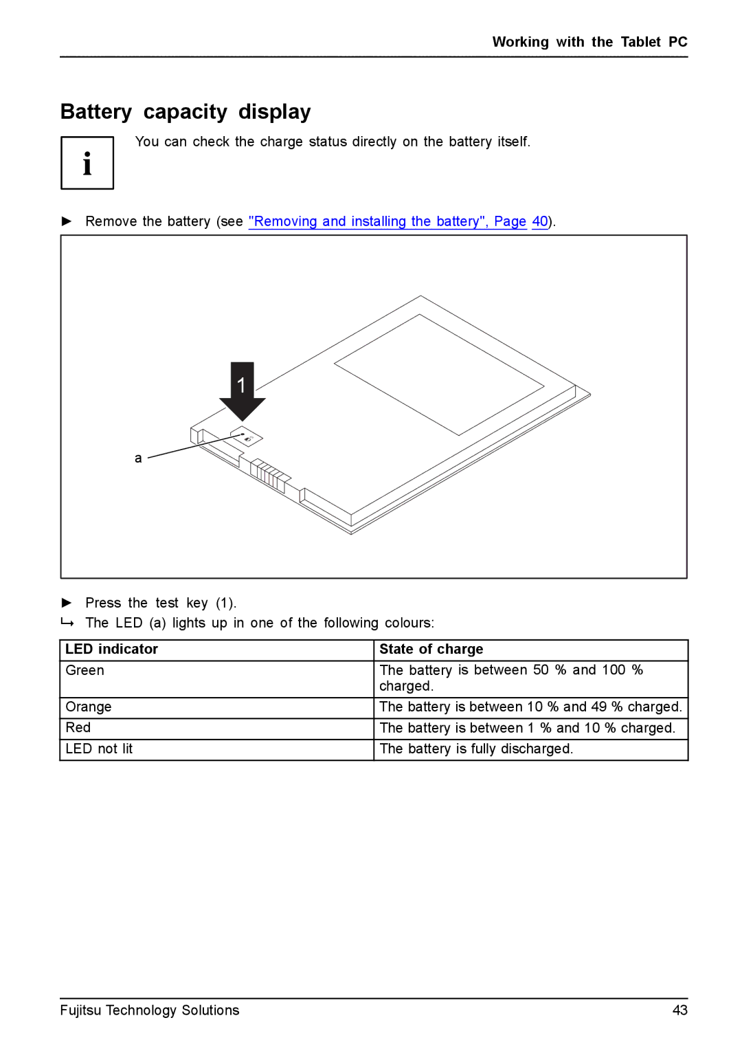 Fujitsu Q550 manual Battery capacity display, LED indicator State of charge 