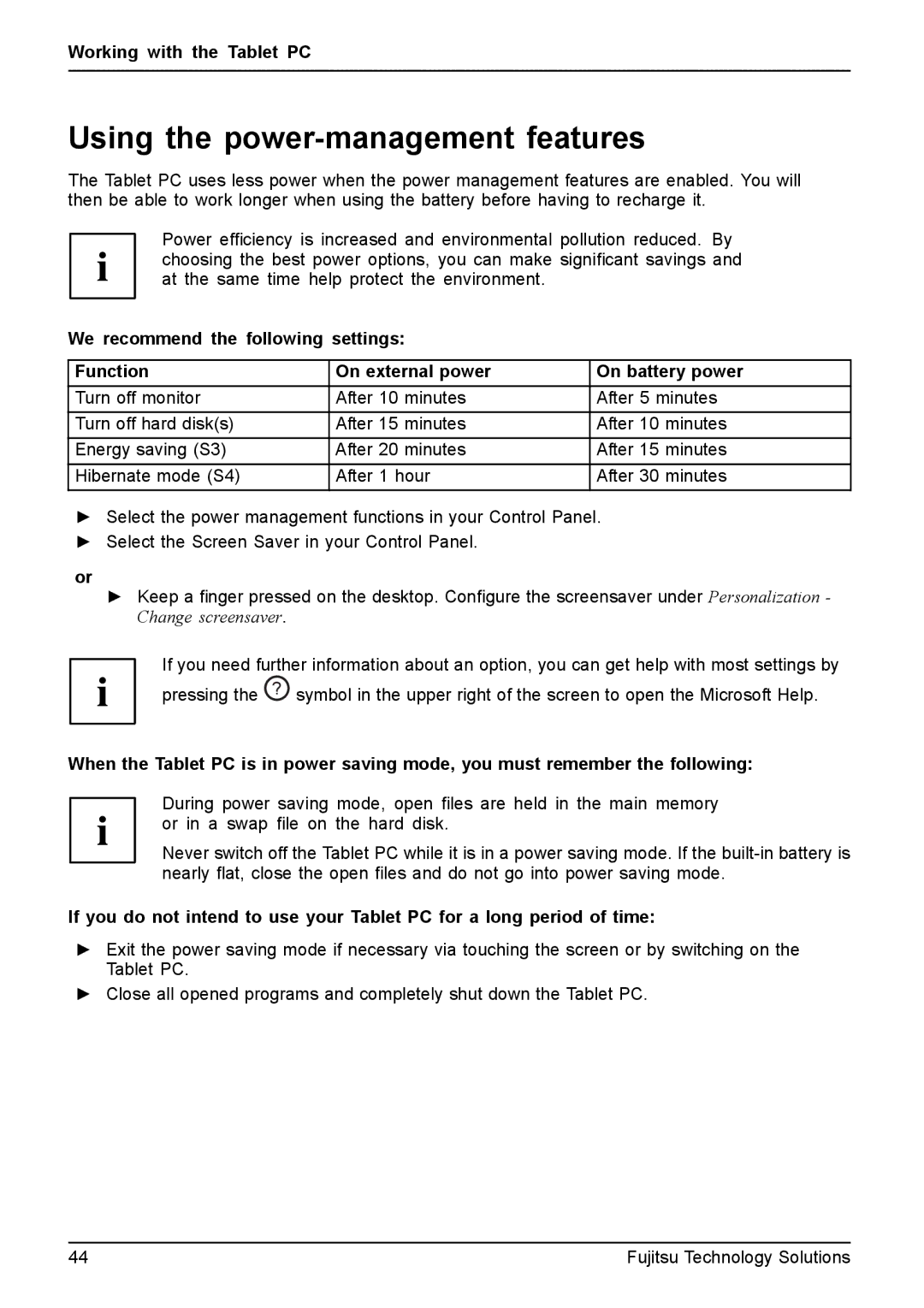 Fujitsu Q550 manual Using the power-management features 