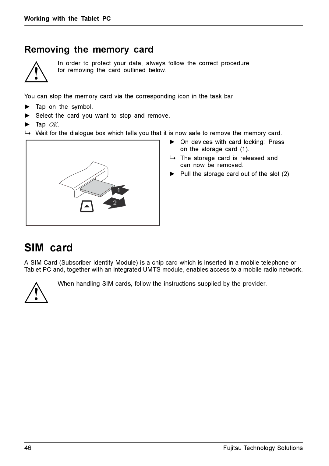 Fujitsu Q550 manual SIM card, Removing the memory card 