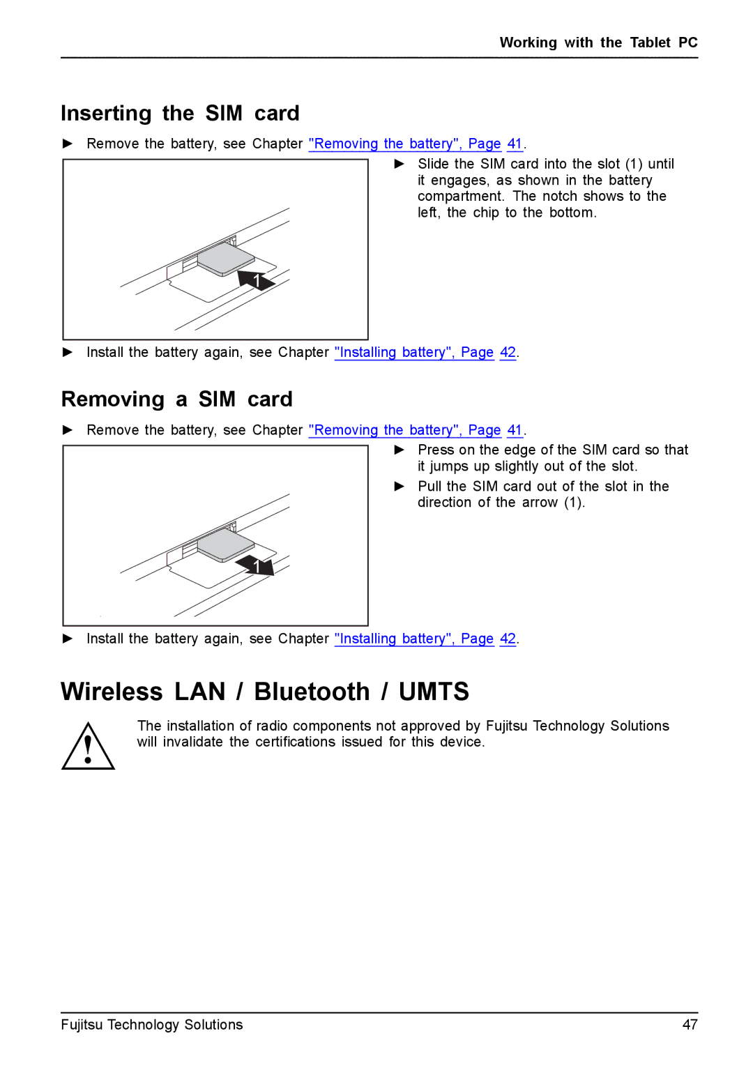 Fujitsu Q550 manual Wireless LAN / Bluetooth / Umts, Inserting the SIM card, Removing a SIM card 