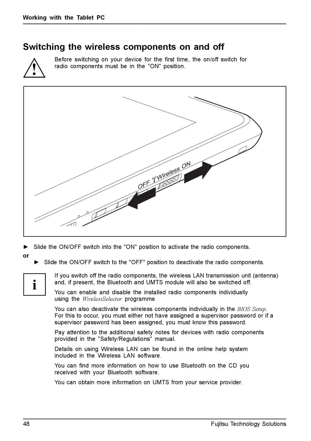 Fujitsu Q550 manual Switching the wireless components on and off 