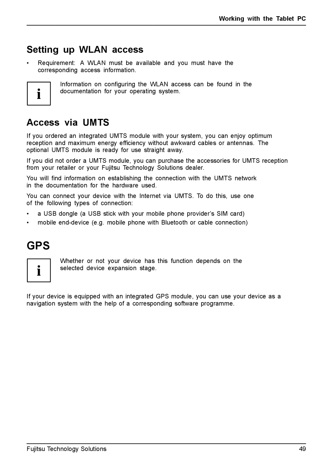 Fujitsu Q550 manual Setting up Wlan access, Access via Umts 