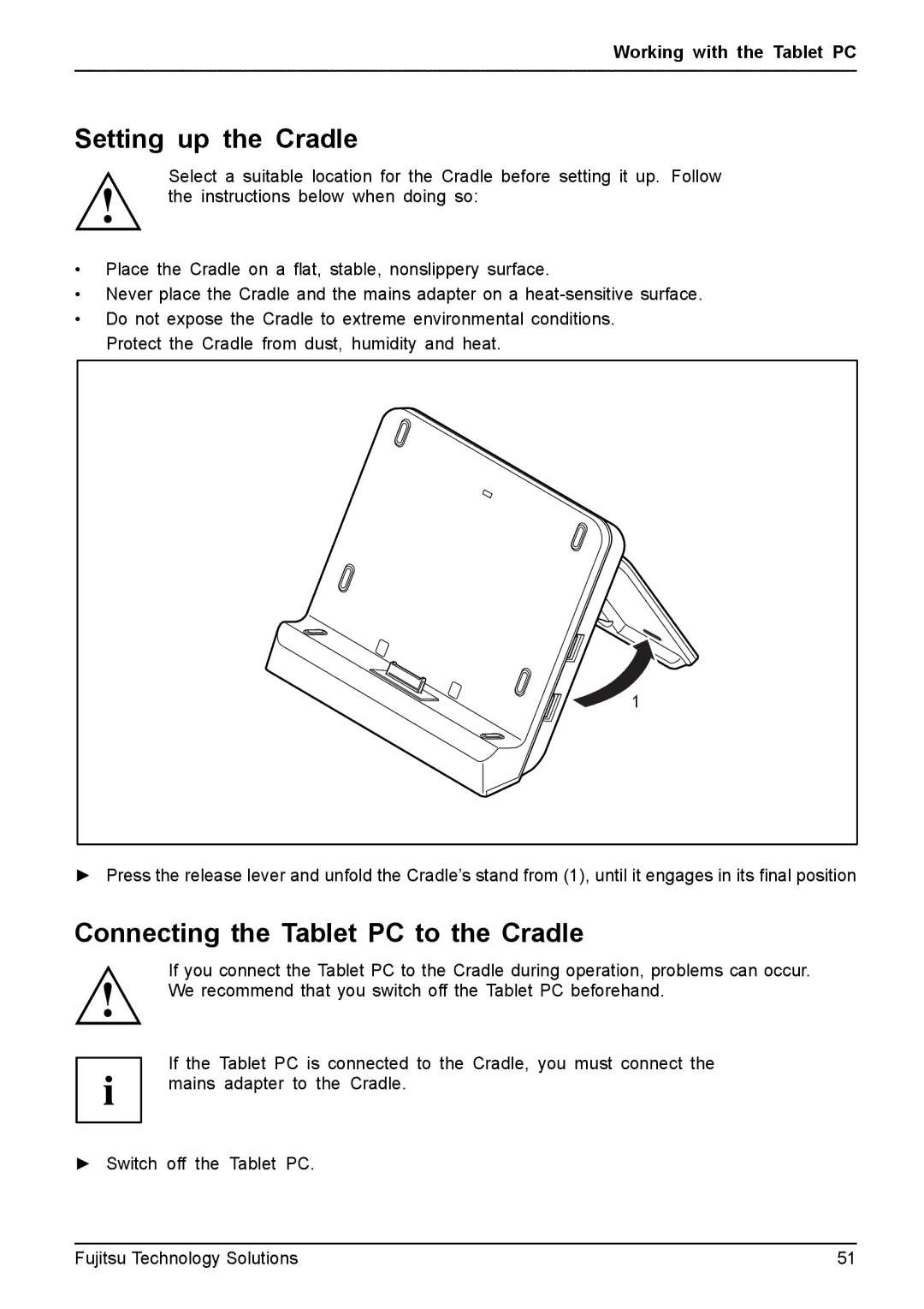 Fujitsu Q550 manual Setting up the Cradle, Connecting the Tablet PC to the Cradle 