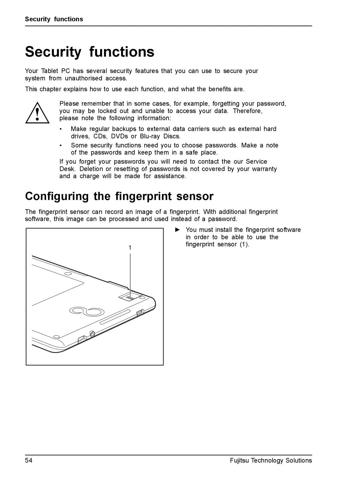 Fujitsu Q550 manual Security functions, Conﬁguring the ﬁngerprint sensor 