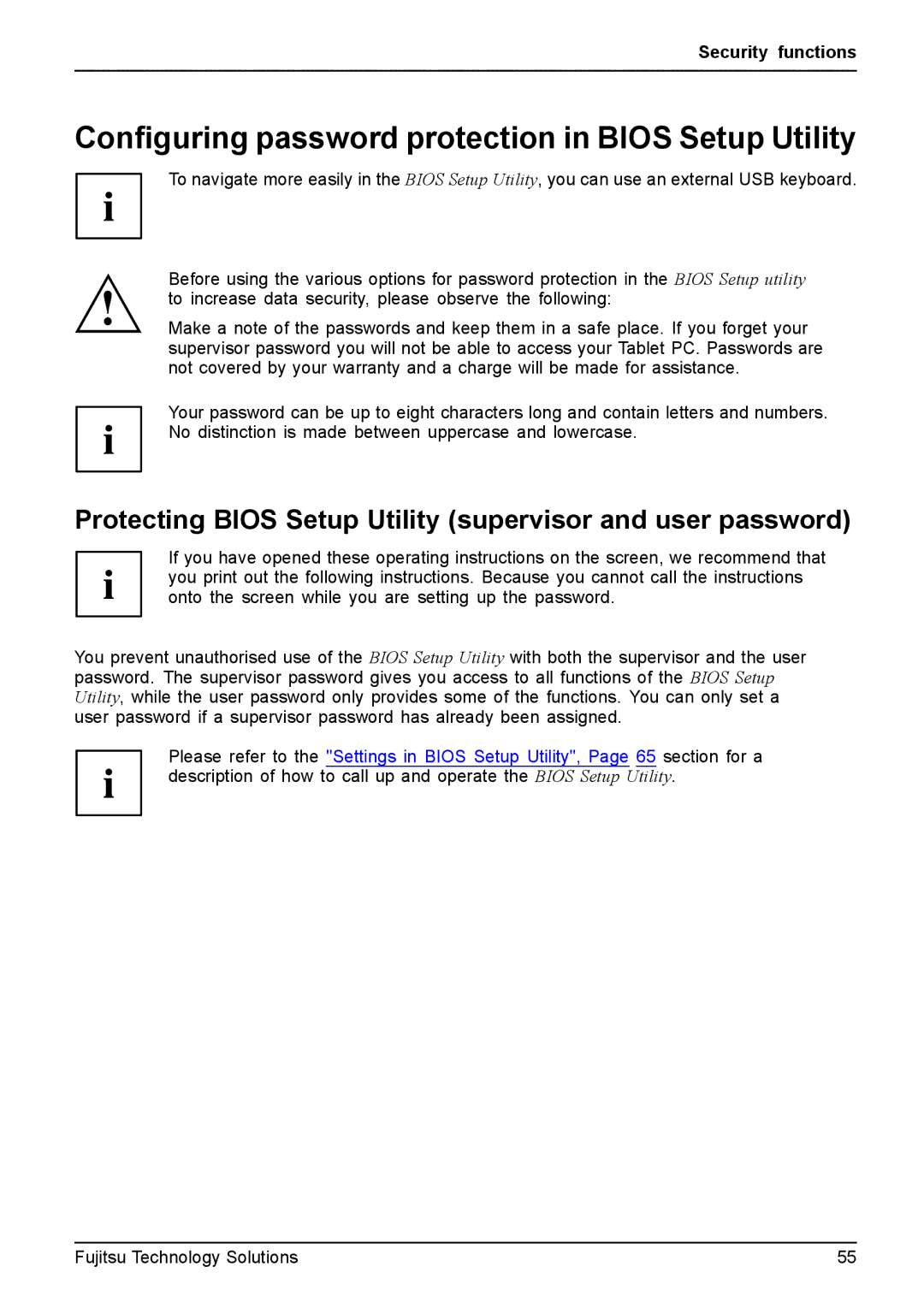 Fujitsu Q550 manual Conﬁguring password protection in Bios Setup Utility 