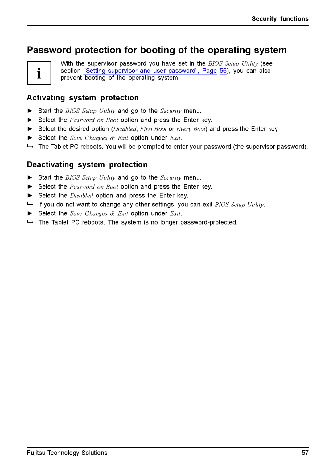 Fujitsu Q550 manual Password protection for booting of the operating system, Activating system protection 