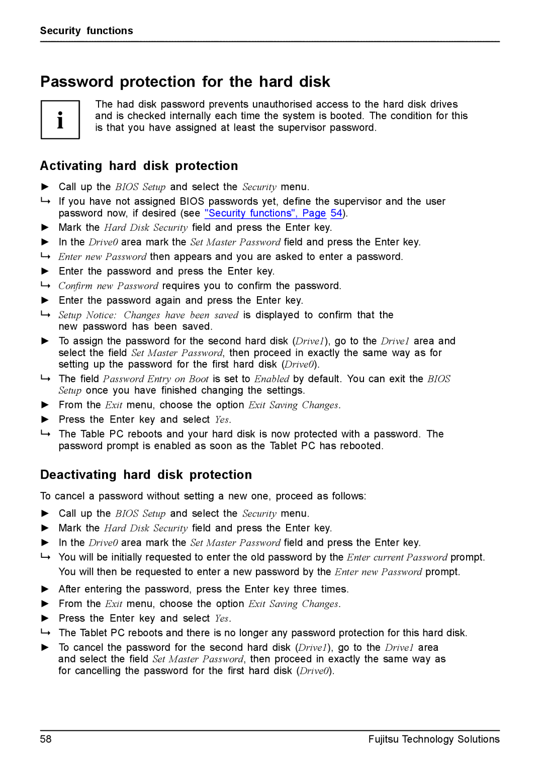 Fujitsu Q550 manual Password protection for the hard disk, Activating hard disk protection 
