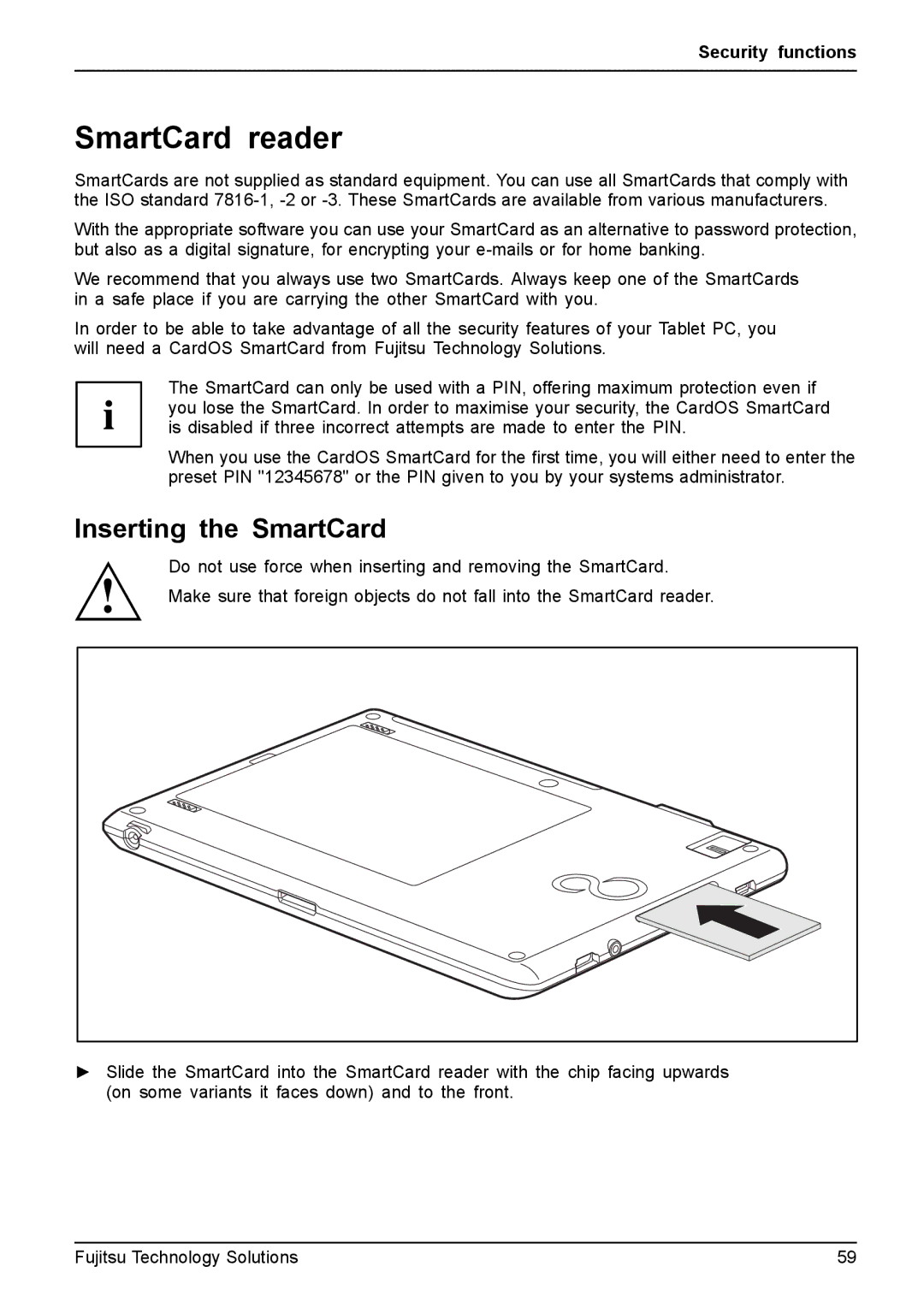 Fujitsu Q550 manual SmartCard reader, Inserting the SmartCard 