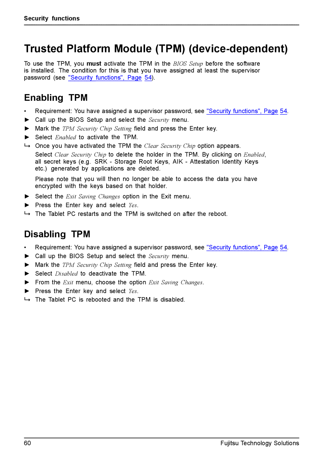 Fujitsu Q550 manual Trusted Platform Module TPM device-dependent, Enabling TPM, Disabling TPM 