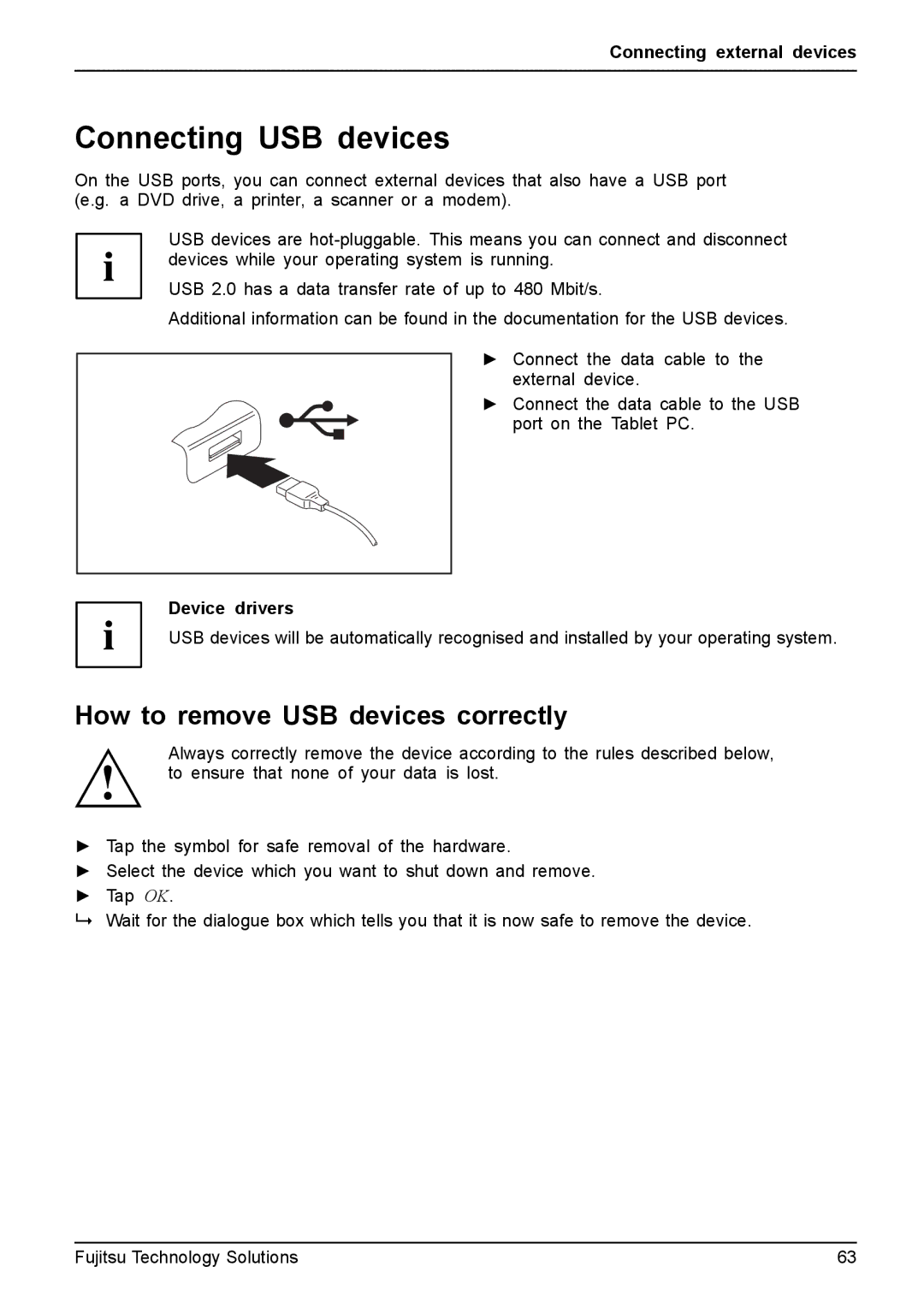 Fujitsu Q550 manual Connecting USB devices, How to remove USB devices correctly, Device drivers 