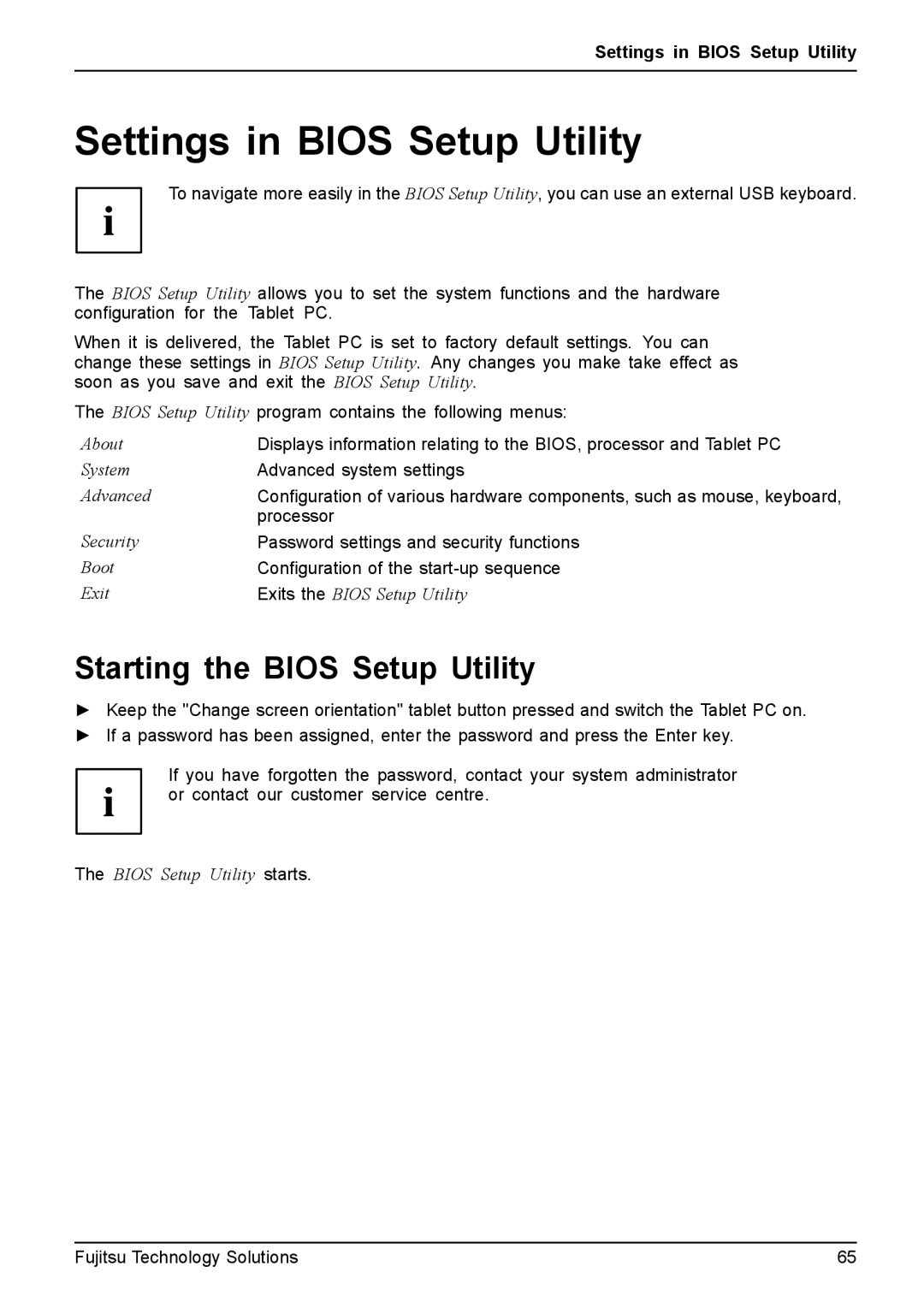 Fujitsu Q550 manual Settings in Bios Setup Utility, Starting the Bios Setup Utility 