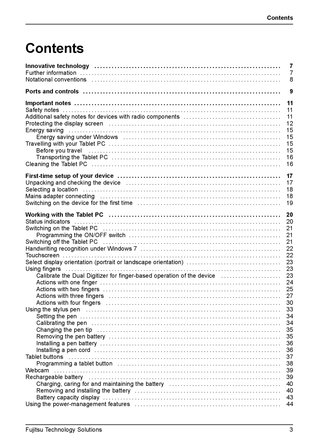 Fujitsu Q550 manual Contents 