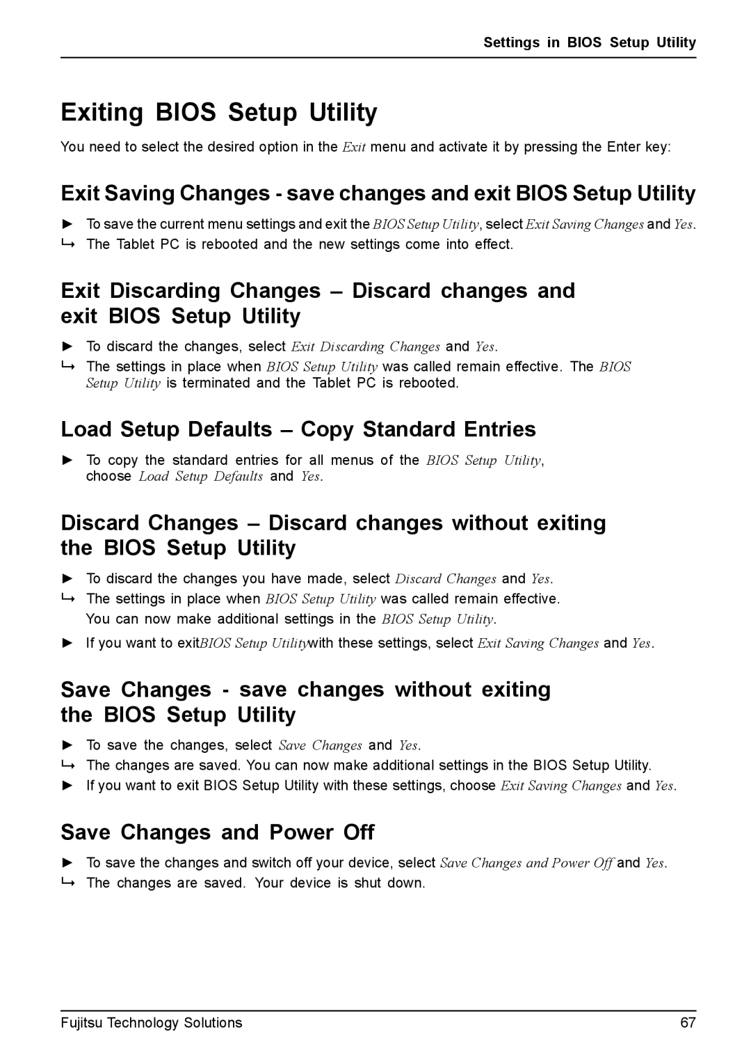 Fujitsu Q550 manual Exiting Bios Setup Utility, Load Setup Defaults Copy Standard Entries, Save Changes and Power Off 