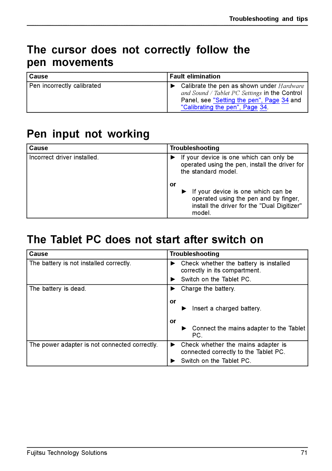 Fujitsu Q550 manual Cursor does not correctly follow, Pen movements, Pen input not working 