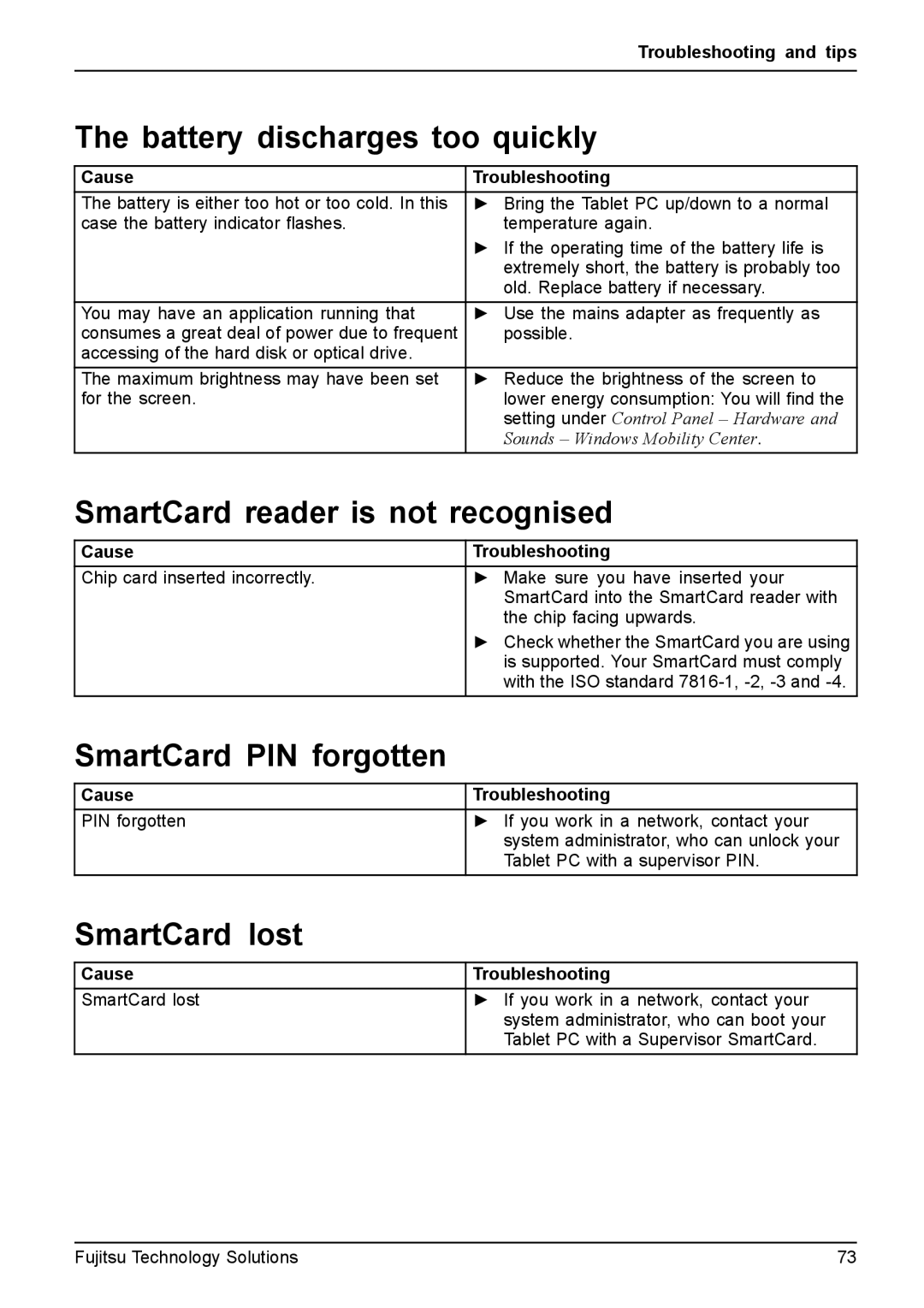 Fujitsu Q550 Battery discharges too quickly, SmartCard reader is not recognised, SmartCard PIN forgotten, SmartCard lost 