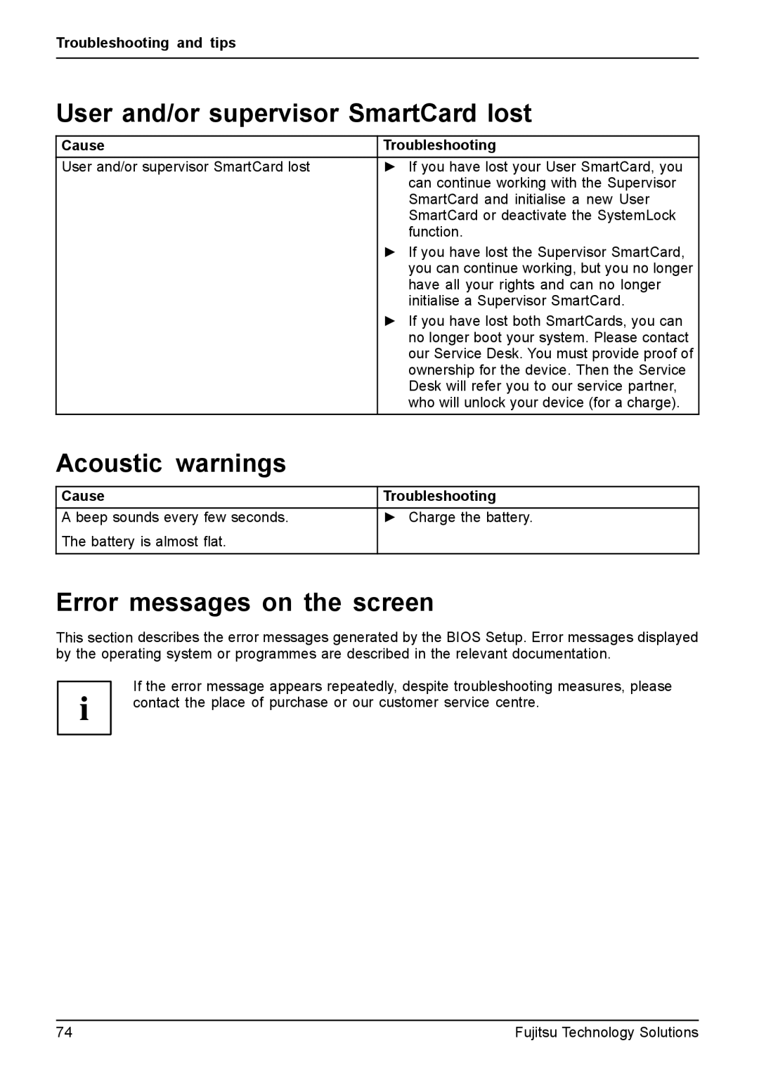 Fujitsu Q550 manual User and/or supervisor SmartCard lost, Acoustic warnings, Error messages on the screen 