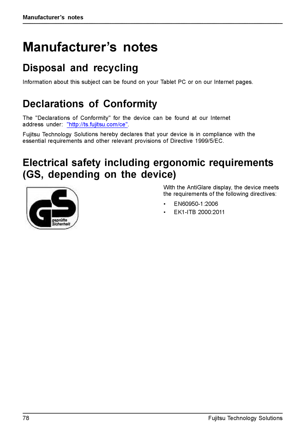 Fujitsu Q550 manual Manufacturer’s notes, Disposal and recycling, Declarations of Conformity 